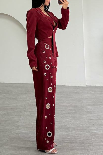 Burgundy Asymmetric Blazer and Grommet Pants Set