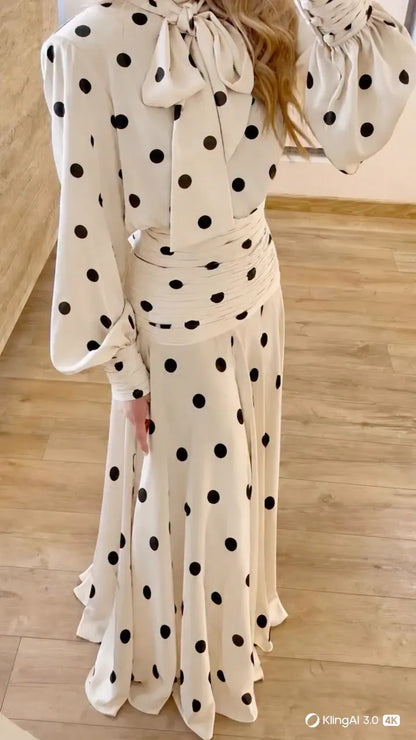Ivory Polka-Dot Bow-Neck Blouse & Maxi Skirt Set