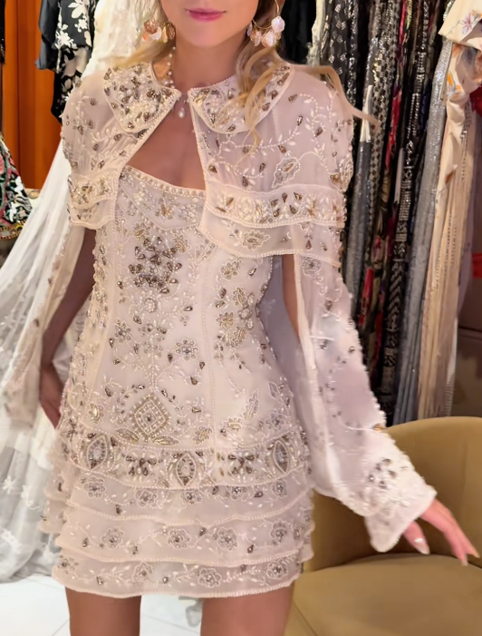 Ivory Embellished Cape-Layer Mini Dress