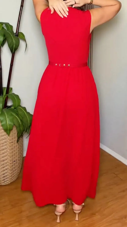 Red Sleeveless Gold-Accent Wide-Leg Jumpsuit