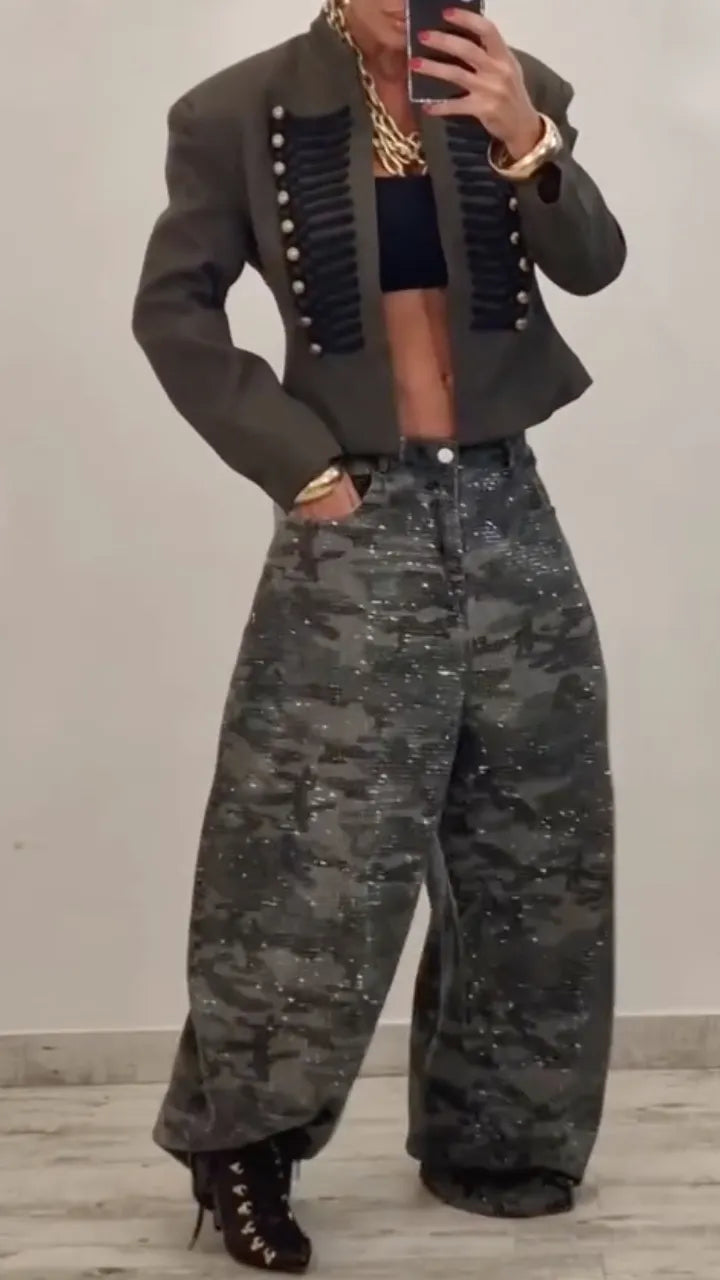 Embellished Camouflage Barrel-Leg Pants