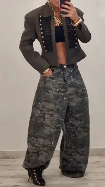 Embellished Camouflage Barrel-Leg Pants