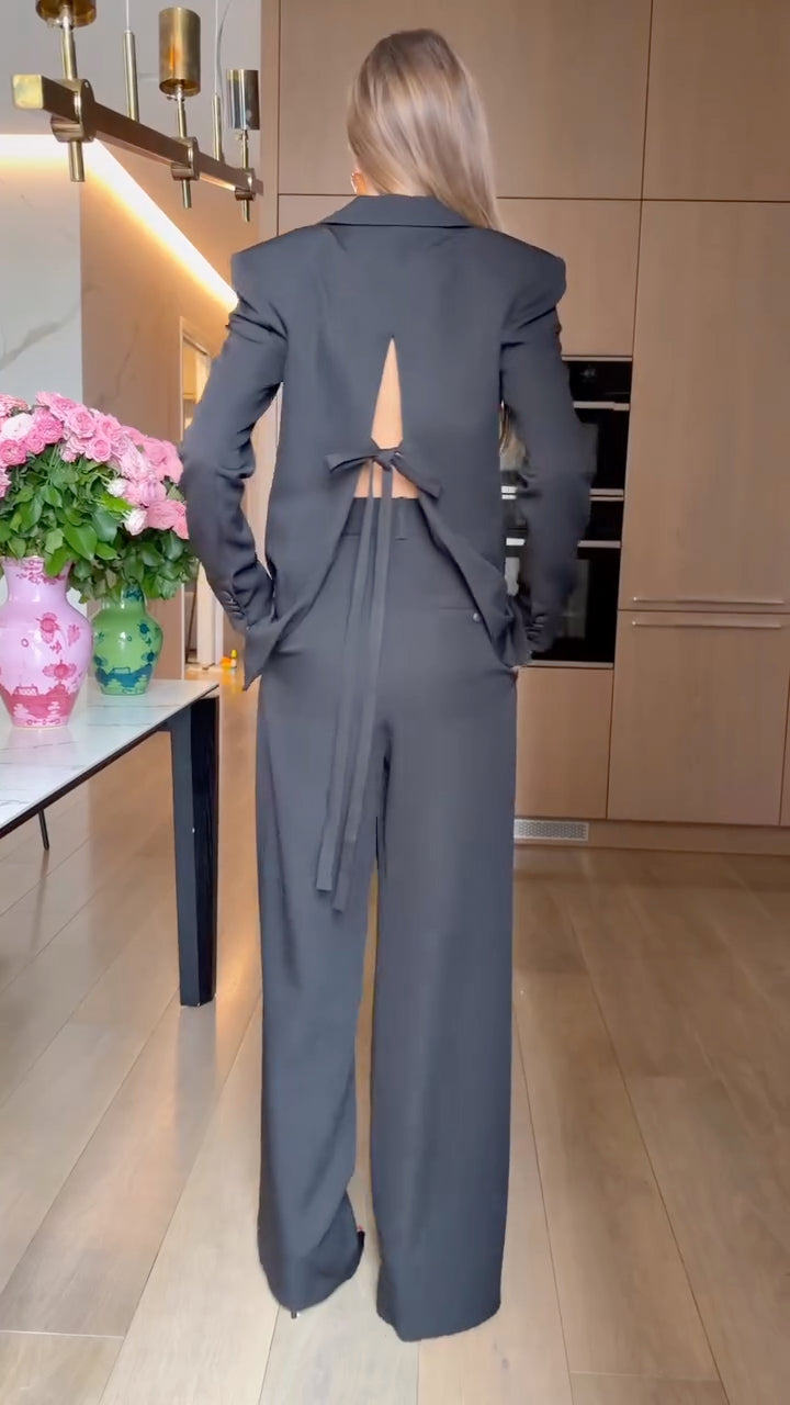 Tailored Blazer Draped Top & Wrap-Panel Pants Set