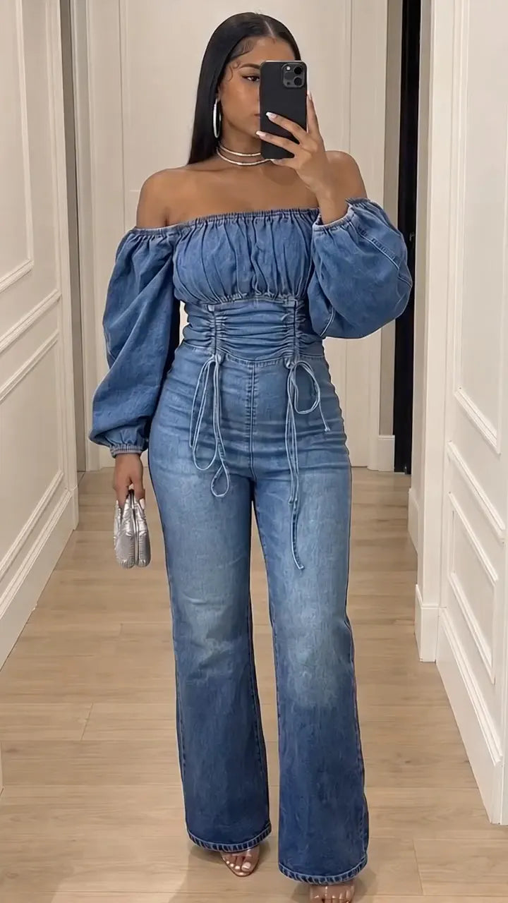 Blue Off-Shoulder Ruched-Waist Denim Jumpsuit