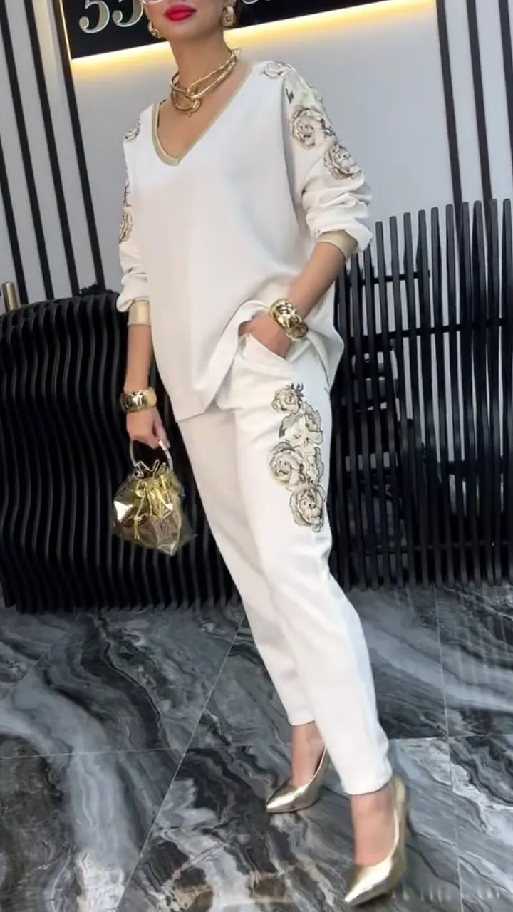 Ivory Gold-Floral V-Neck Top and Tapered Pants Set