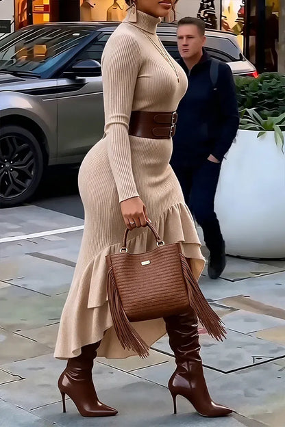 Beige Ribbed Turtleneck High-Low Ruffle Dress