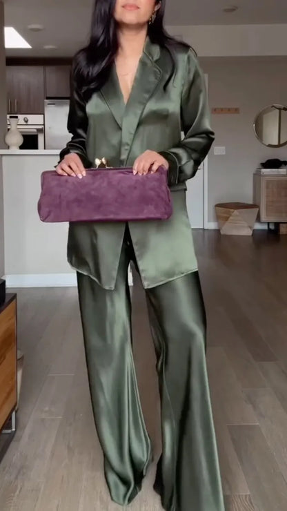 Olive Satin-Look Longline Shirt and Wide-Leg Pants Set