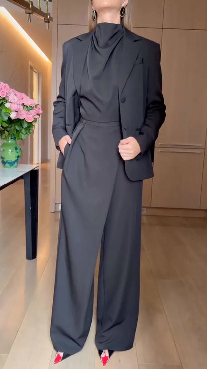 Tailored Blazer Draped Top & Wrap-Panel Pants Set