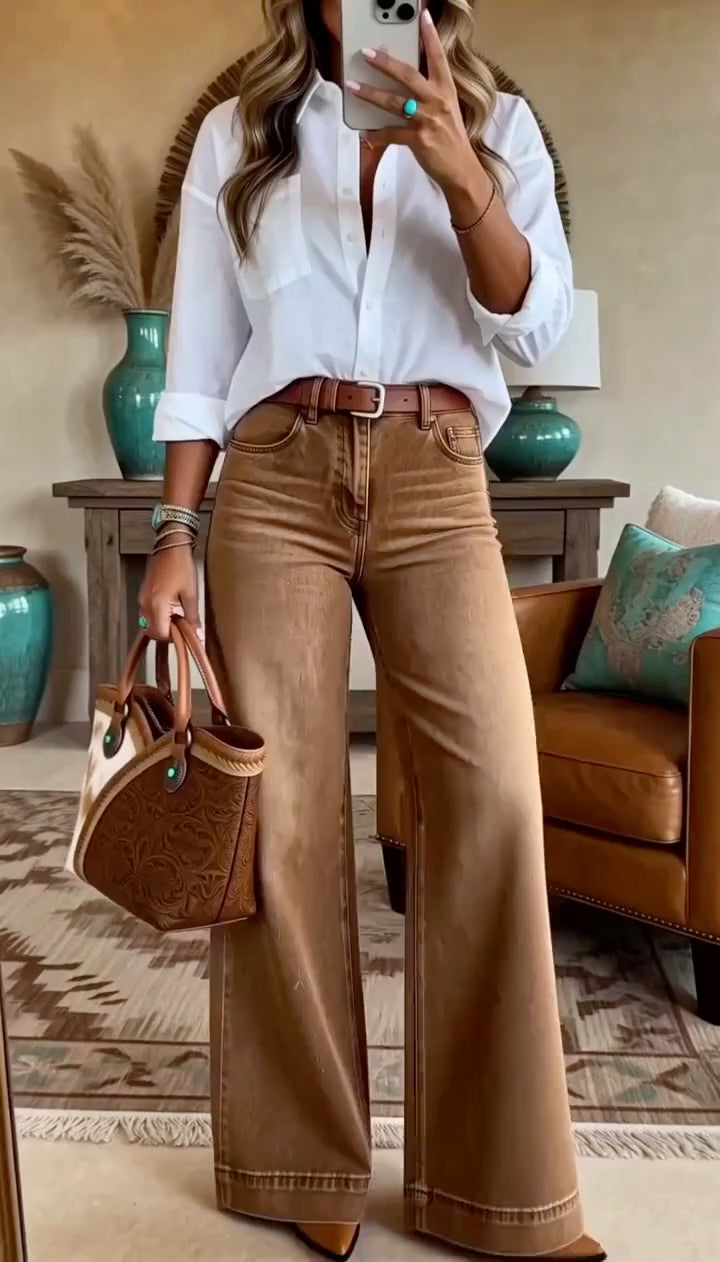 Caramel Washed Wide-Leg Jeans