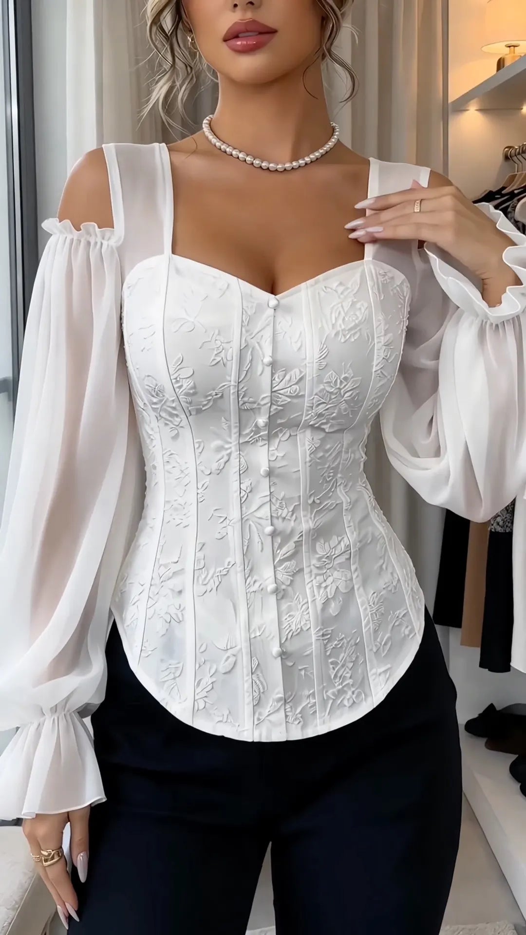 White Floral Corset-Style Cold-Shoulder Blouse