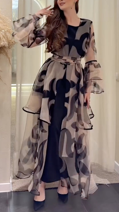 Taupe Abstract-Print Sheer Ruffle Maxi Dress