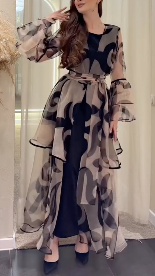 Taupe Abstract-Print Sheer Ruffle Maxi Dress