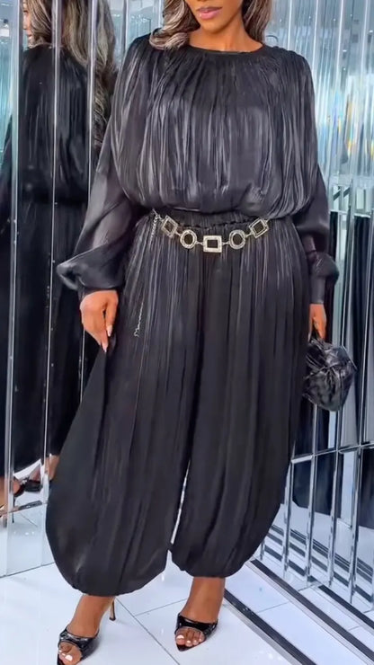 Black Crinkle-Texture Blouson Top and Balloon Maxi Skirt Set