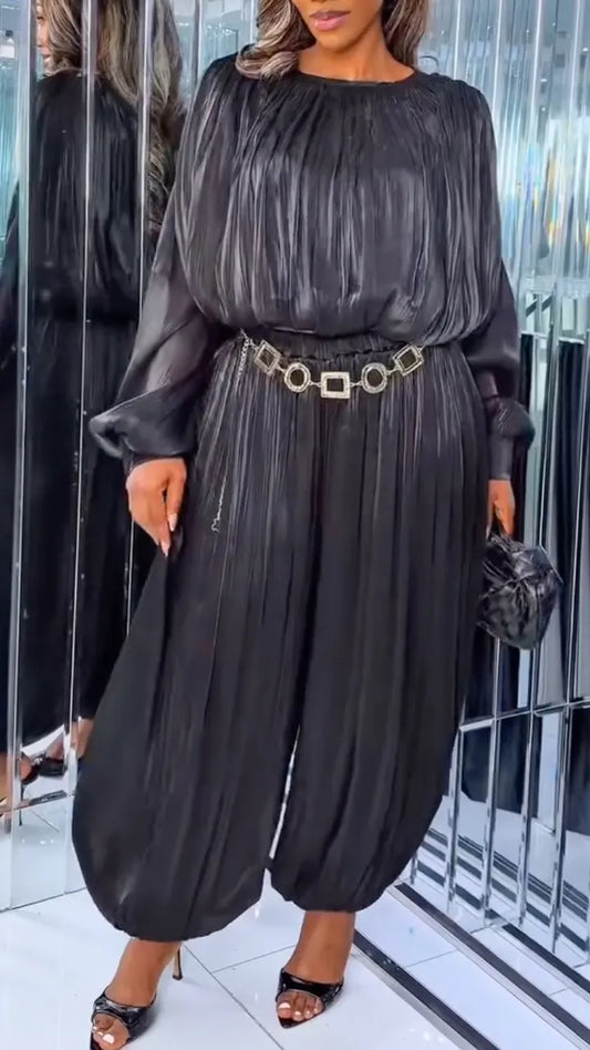 Black Crinkle-Texture Blouson Top and Balloon Maxi Skirt Set