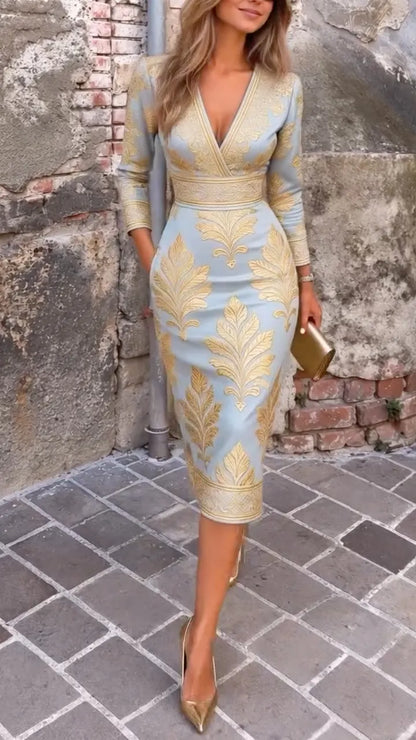 Pale Blue Gold-Leaf Wrap-Neck Midi Dress
