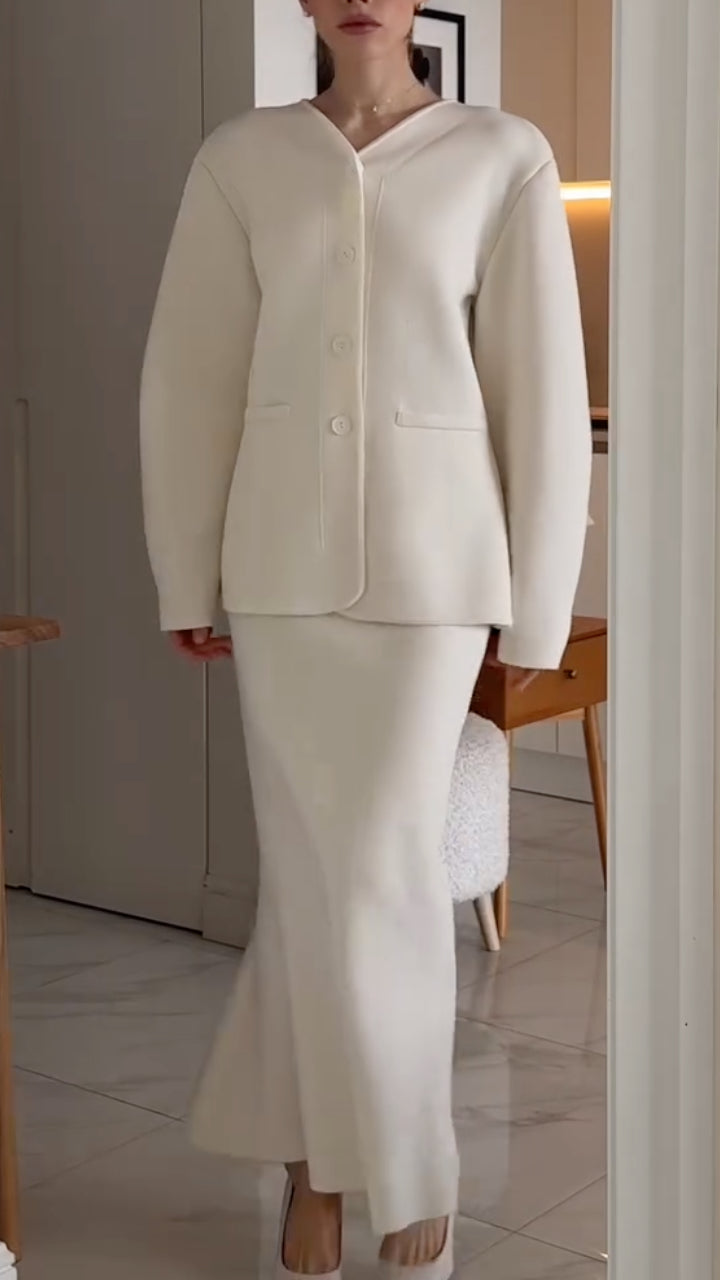 Ivory Collarless Button Jacket & Midi Skirt Set