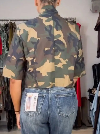 Camouflage Stand-Collar Cropped Jacket