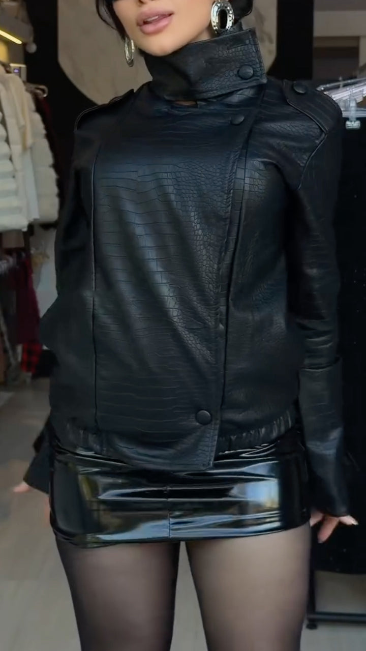 Black Croc-Texture High-Collar Biker Jacket