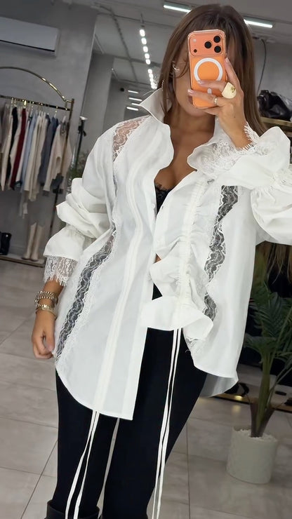 White Lace-Insert Ruched-Sleeve Oversized Shirt