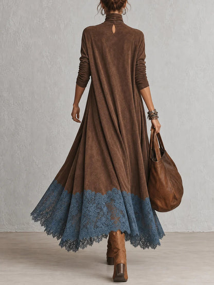 Brown Turtleneck Swing Maxi Dress with Teal Lace Hem