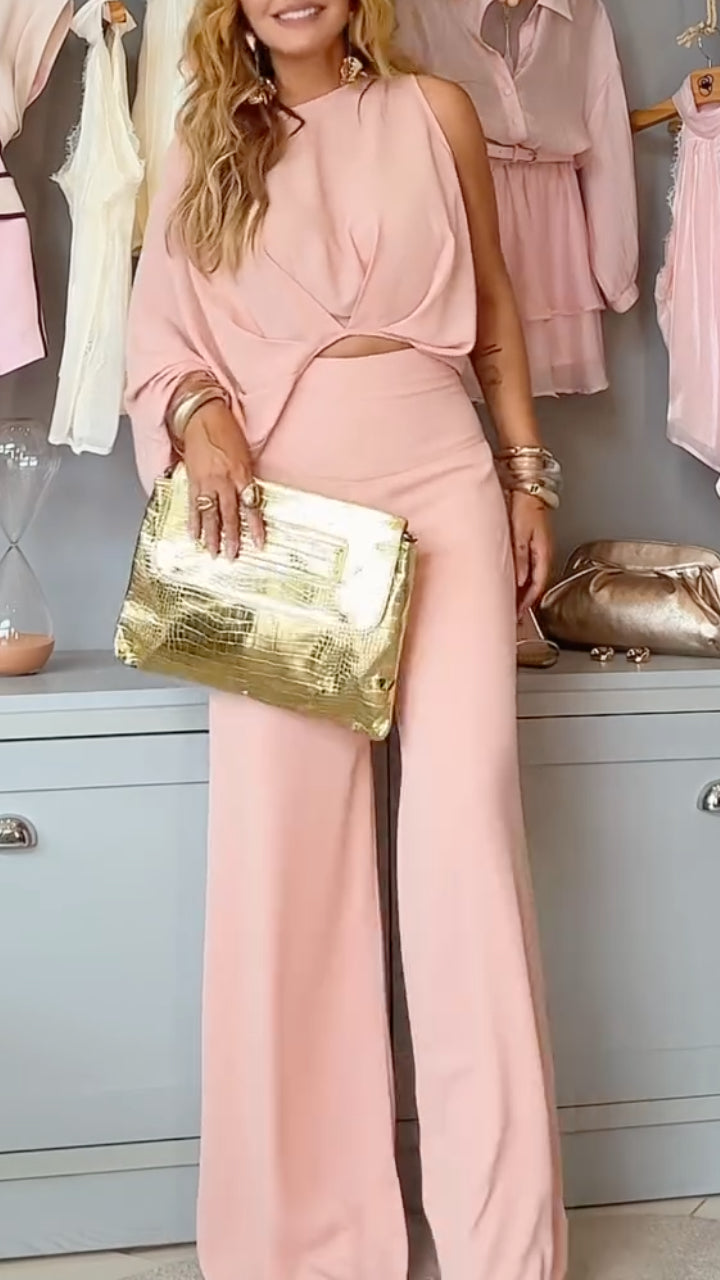 Blush Draped Asymmetric Top & Wide-Leg Pants Set