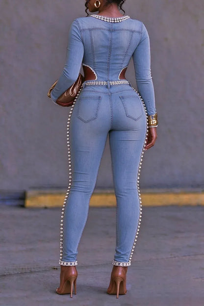 Blue Heart-Cutout Embellished Denim Jumpsuit