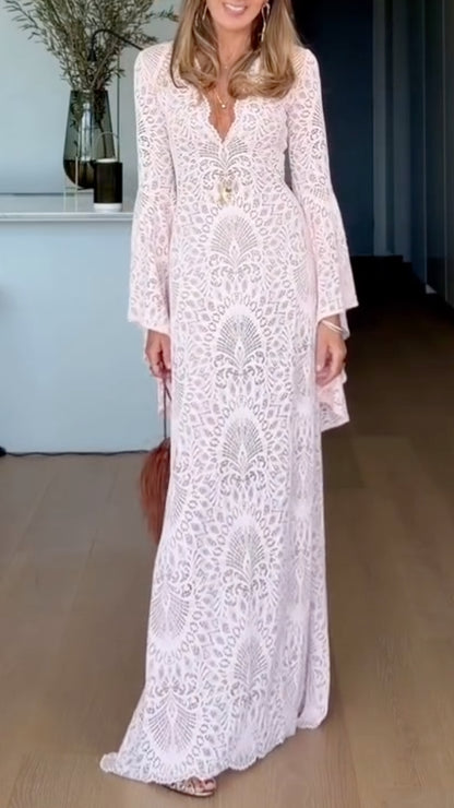 Blush Lace V-Neck Bell-Sleeve Maxi Dress