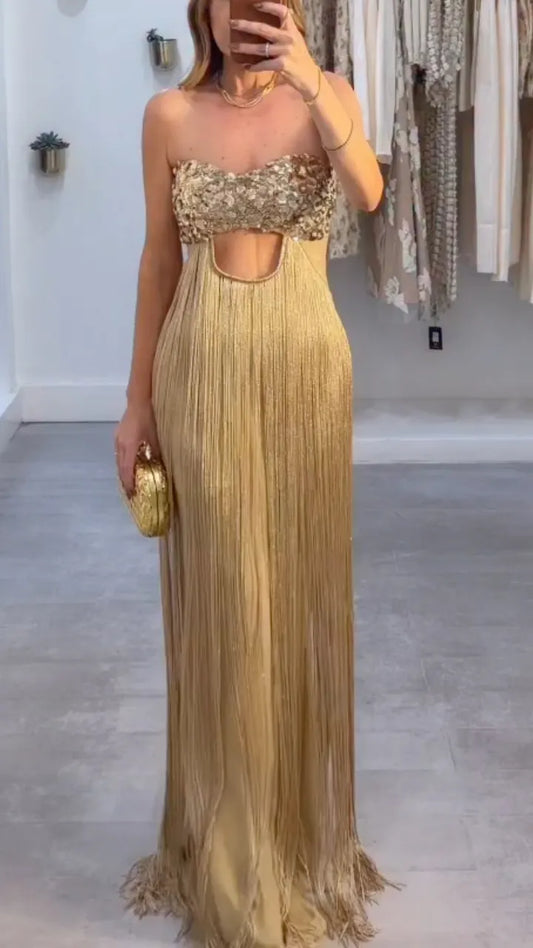 Gold Strapless Cutout Fringe Dress
