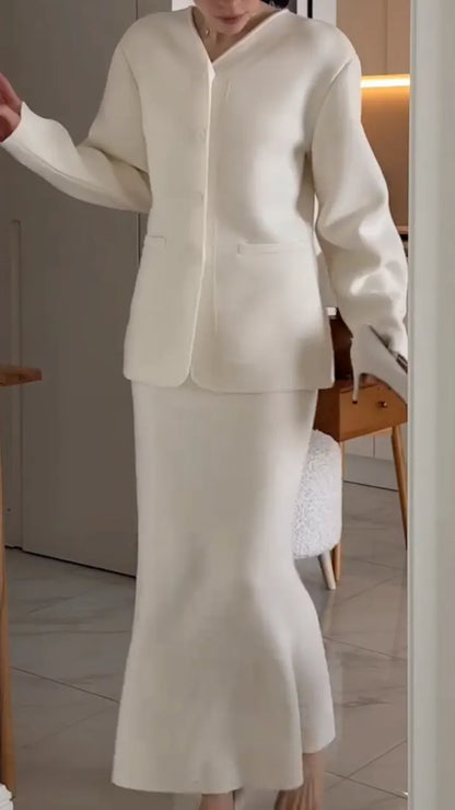 Ivory Collarless Button Jacket & Midi Skirt Set