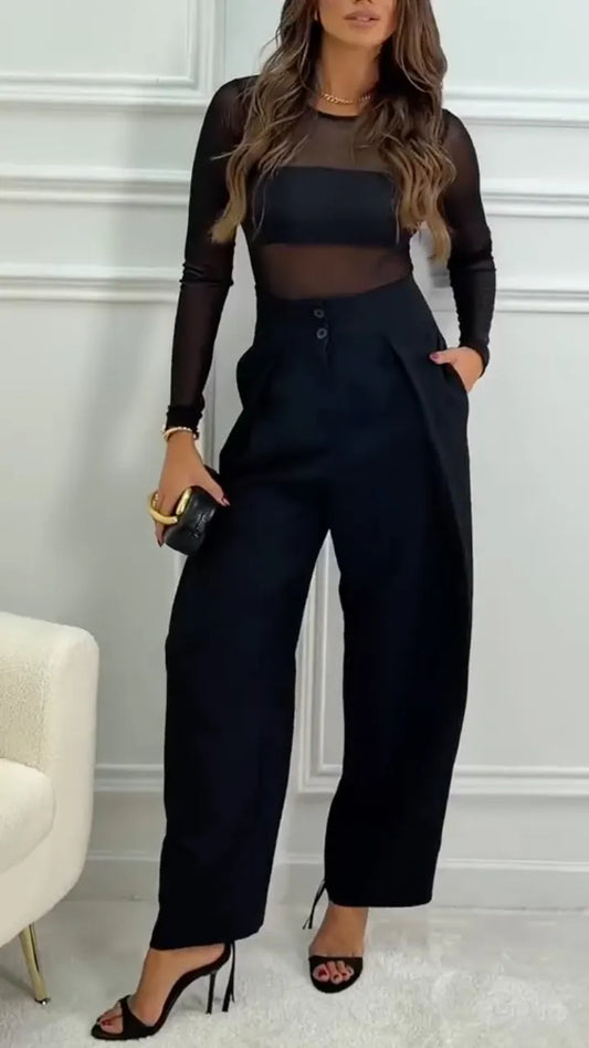 Black Sheer Mesh Top & High-Waisted Wide-Leg Pants Set