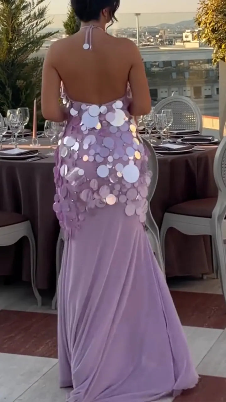 Lilac Disc-Embellished Halter Maxi Dress