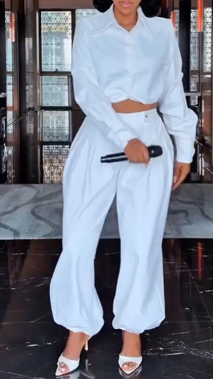 White Cropped Shirt and Balloon Pants Set
