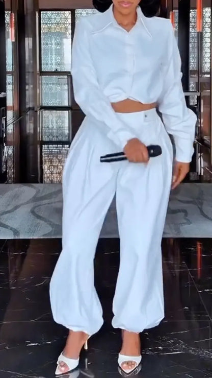 White Cropped Shirt and Balloon Pants Set