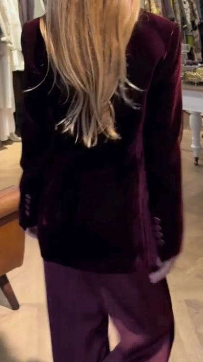 Burgundy Velvet-Look Contrast-Lapel Pants Suit