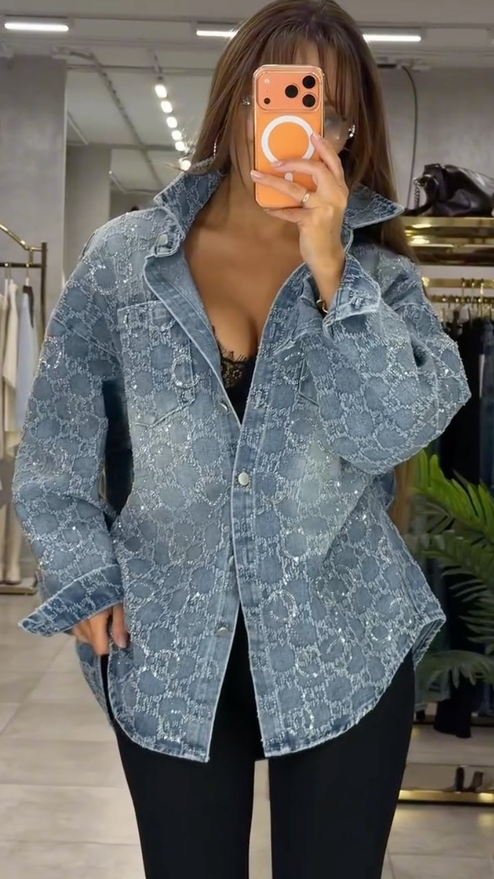 Blue Textured-Circle Oversized Denim Shirt