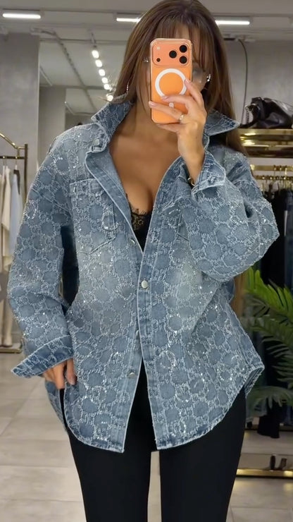Blue Textured-Circle Oversized Denim Shirt