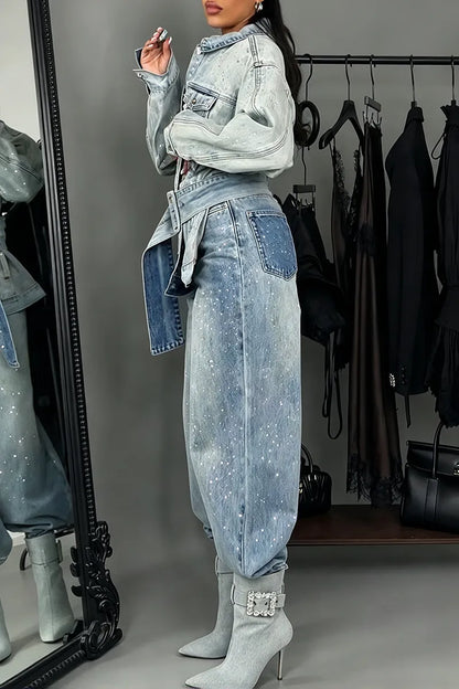Light-Wash Sparkle Belted Denim Jacket & Relaxed Pants Set