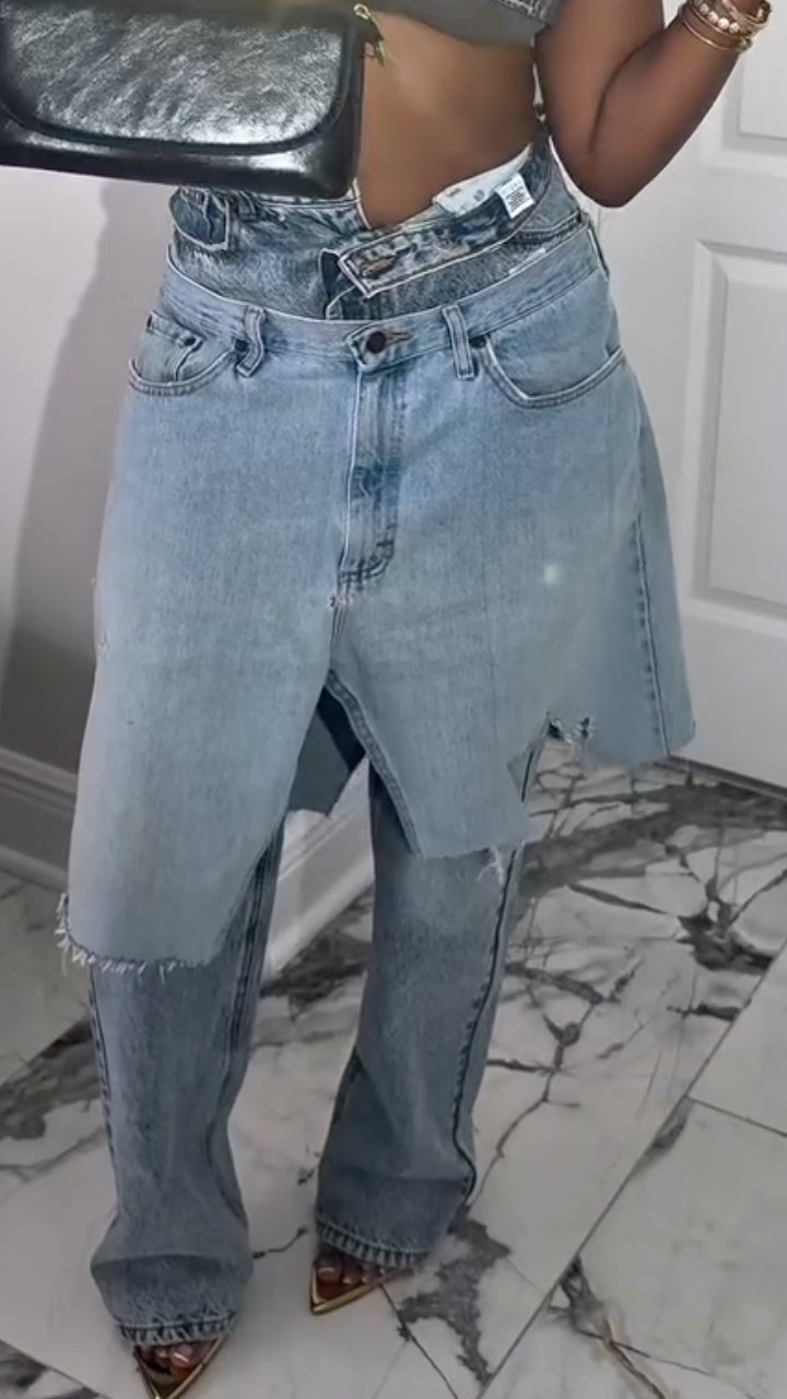 Blue Double-Waist Skirt-Overlay Jeans