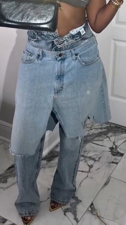 Blue Double-Waist Skirt-Overlay Jeans