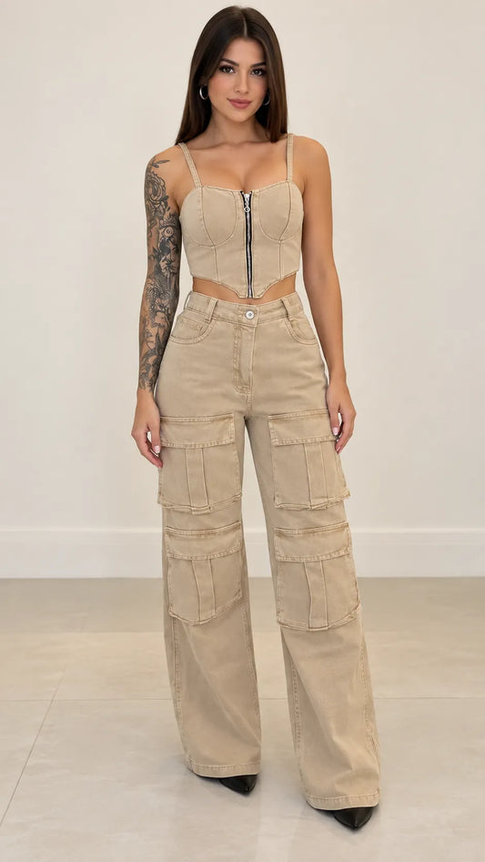 Denim Corset Top & Cargo Wide-Leg Pants Set