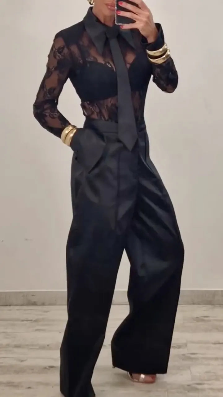 Black Floral Lace Shirt and Wide-Leg Pants Set