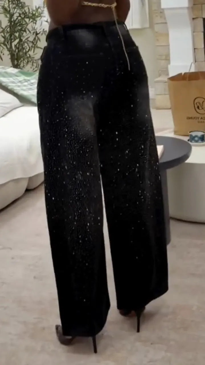 Rhinestone Embellished Wide-Leg Jeans