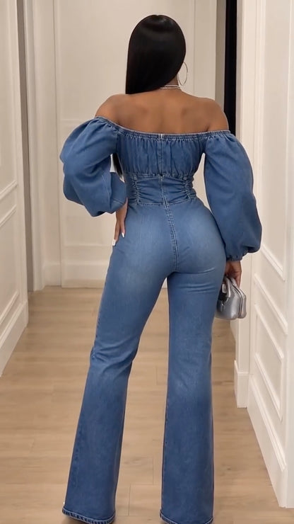 Blue Off-Shoulder Ruched-Waist Denim Jumpsuit