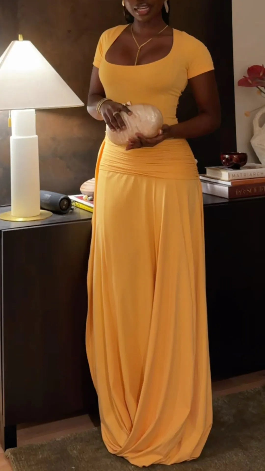 Mustard Scoop-Neck Ruched Draped Maxi Dress
