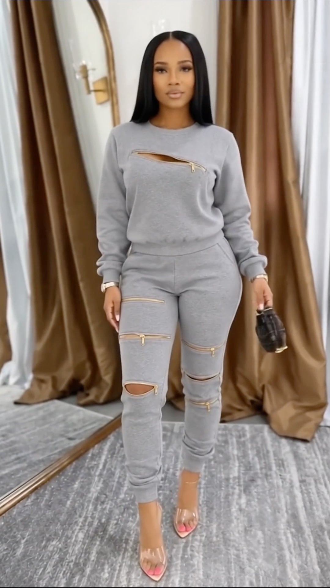 Gray Gold-Zip Cutout Sweatshirt and Jogger Set
