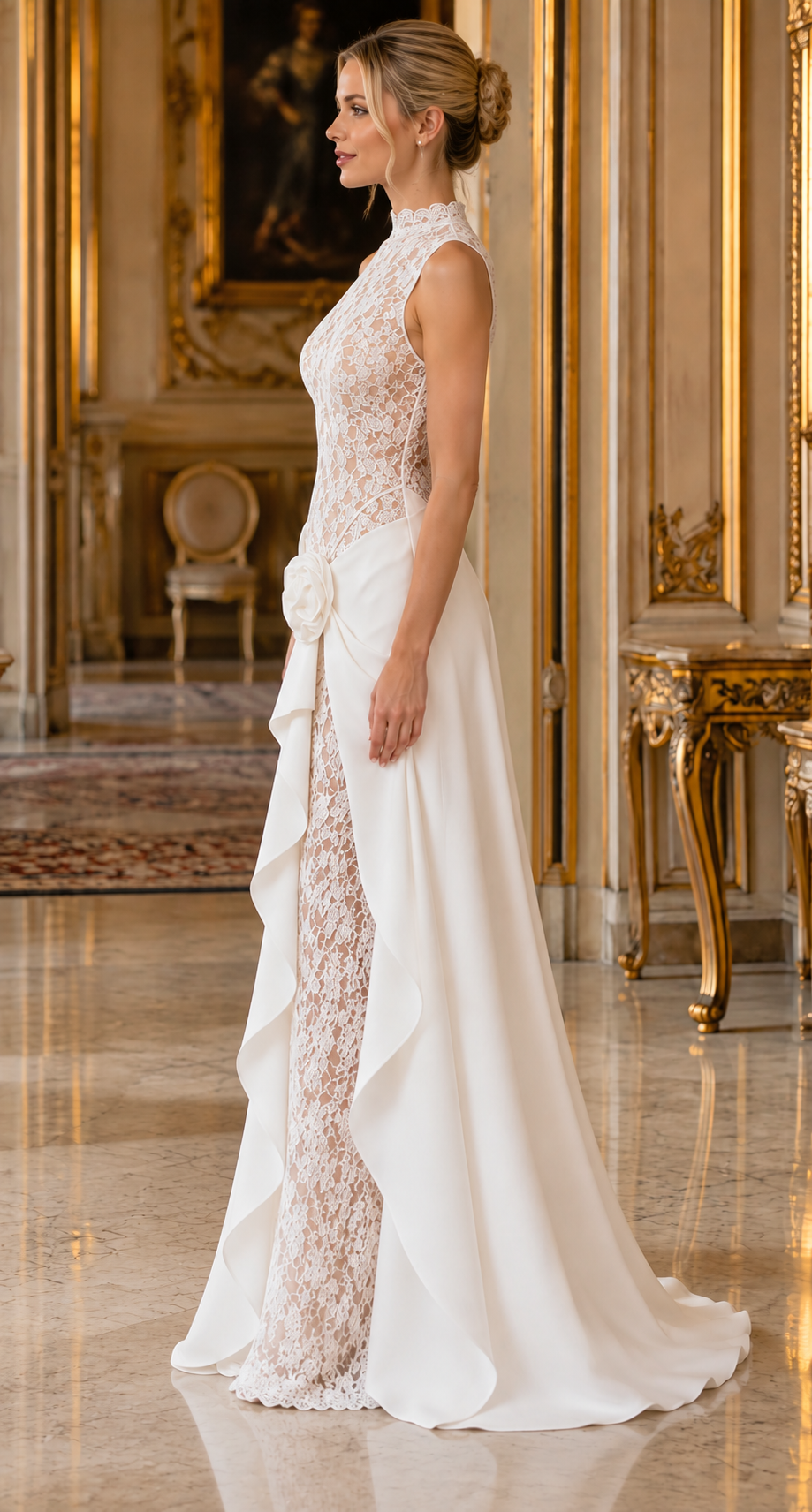 Ivory Lace & Satin Draped Evening Gown