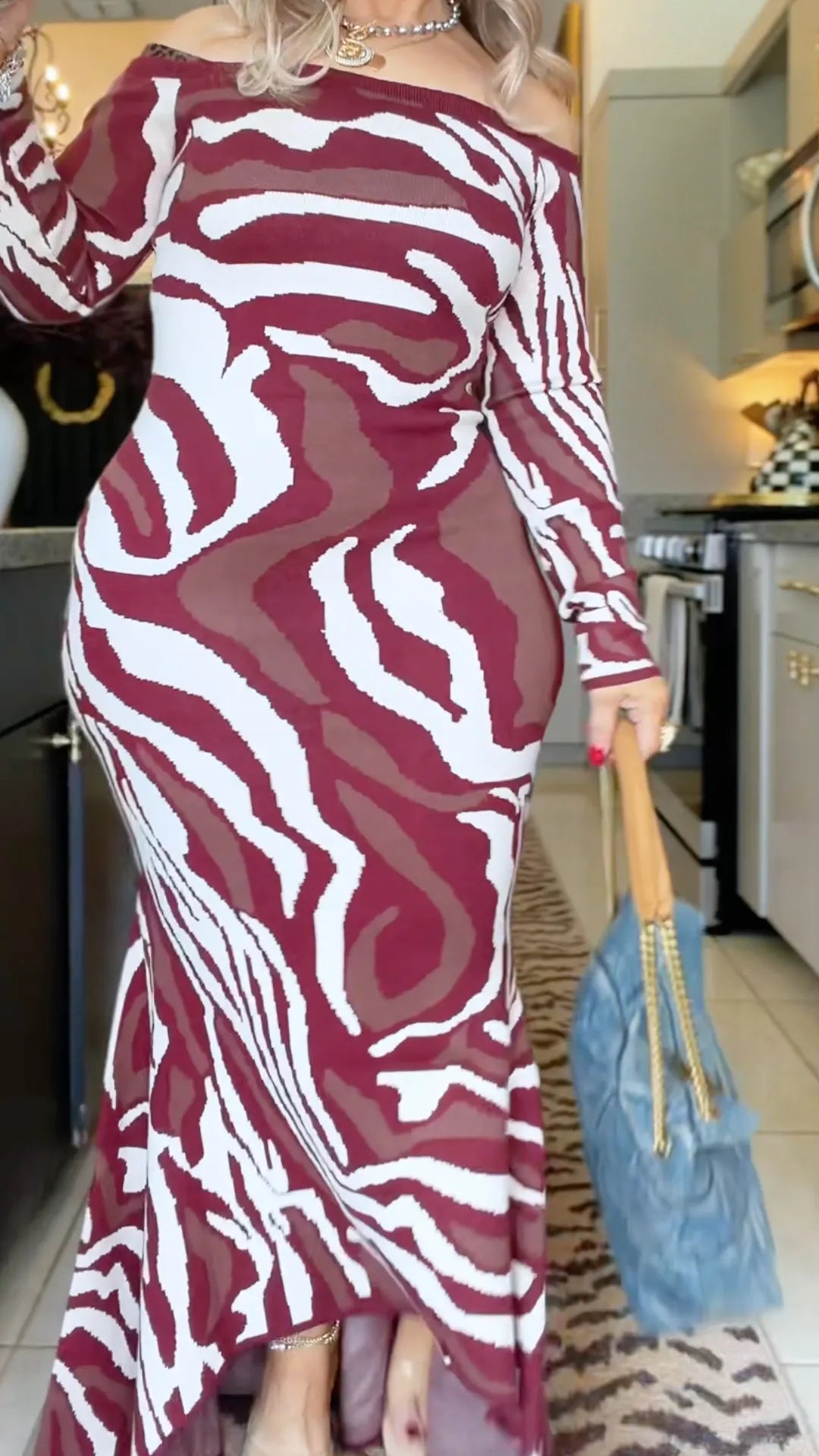 Burgundy Abstract-Stripe Off-Shoulder Maxi Dress