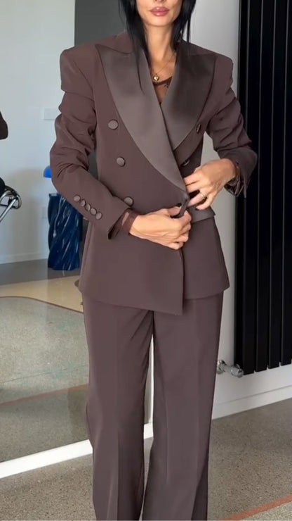Charcoal Contrast-Lapel Double-Breasted Pants Suit