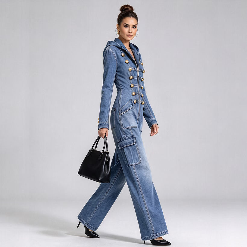 Blue Military-Button Hooded Cargo Denim Jumpsuit