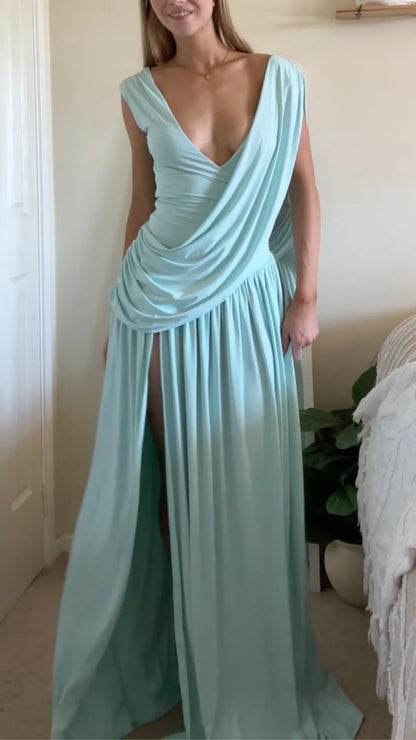 Draped Cape High-Slit Maxi Dress